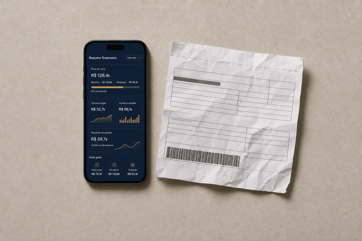 Celular com painel de gestão financeira ao lado de um boleto de DAS, mostrando que o MEI precisa de gestão e não de contador